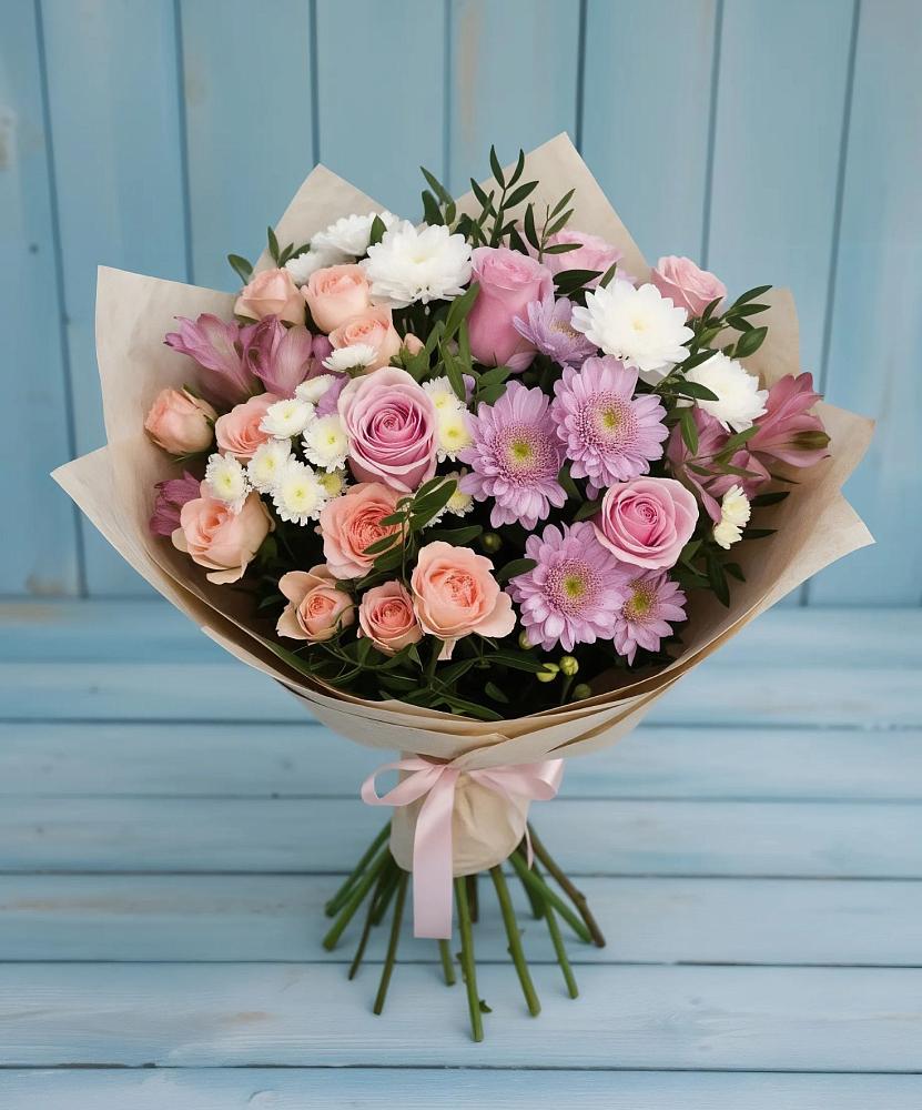 Букет цветов из: Хризантемы, Розы и Альстромерии в Малиновский