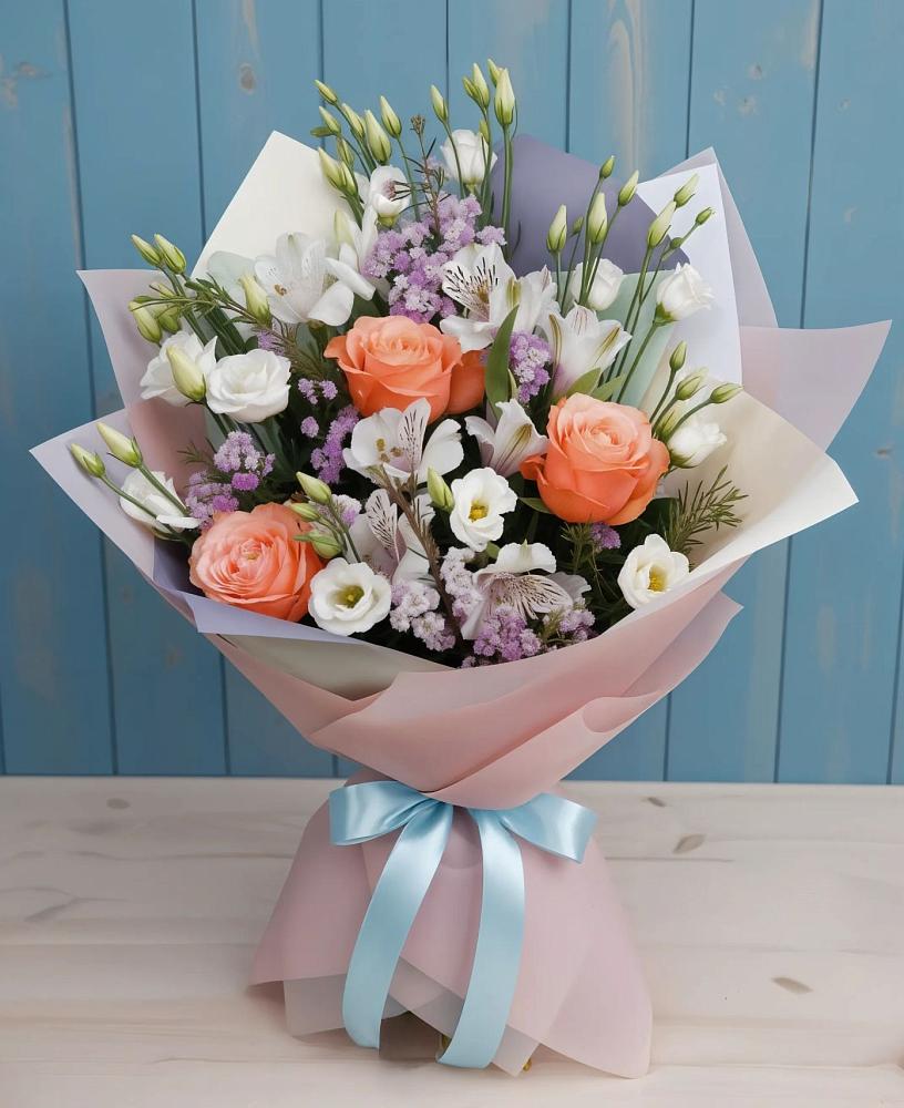Букет цветов из: Лизиантусы, Розы, Альстромерии и Гипсофила в Малиновский