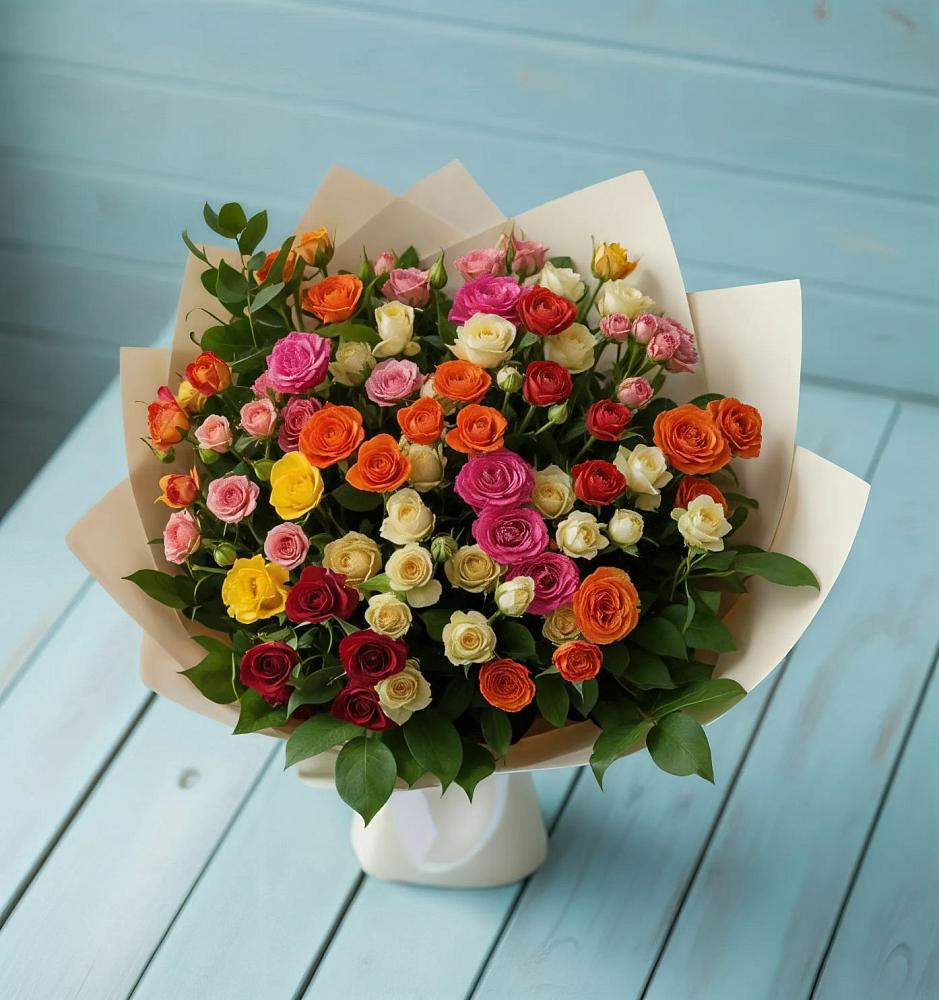 Букет Микс из разноцветных кустовых роз в Малиновский