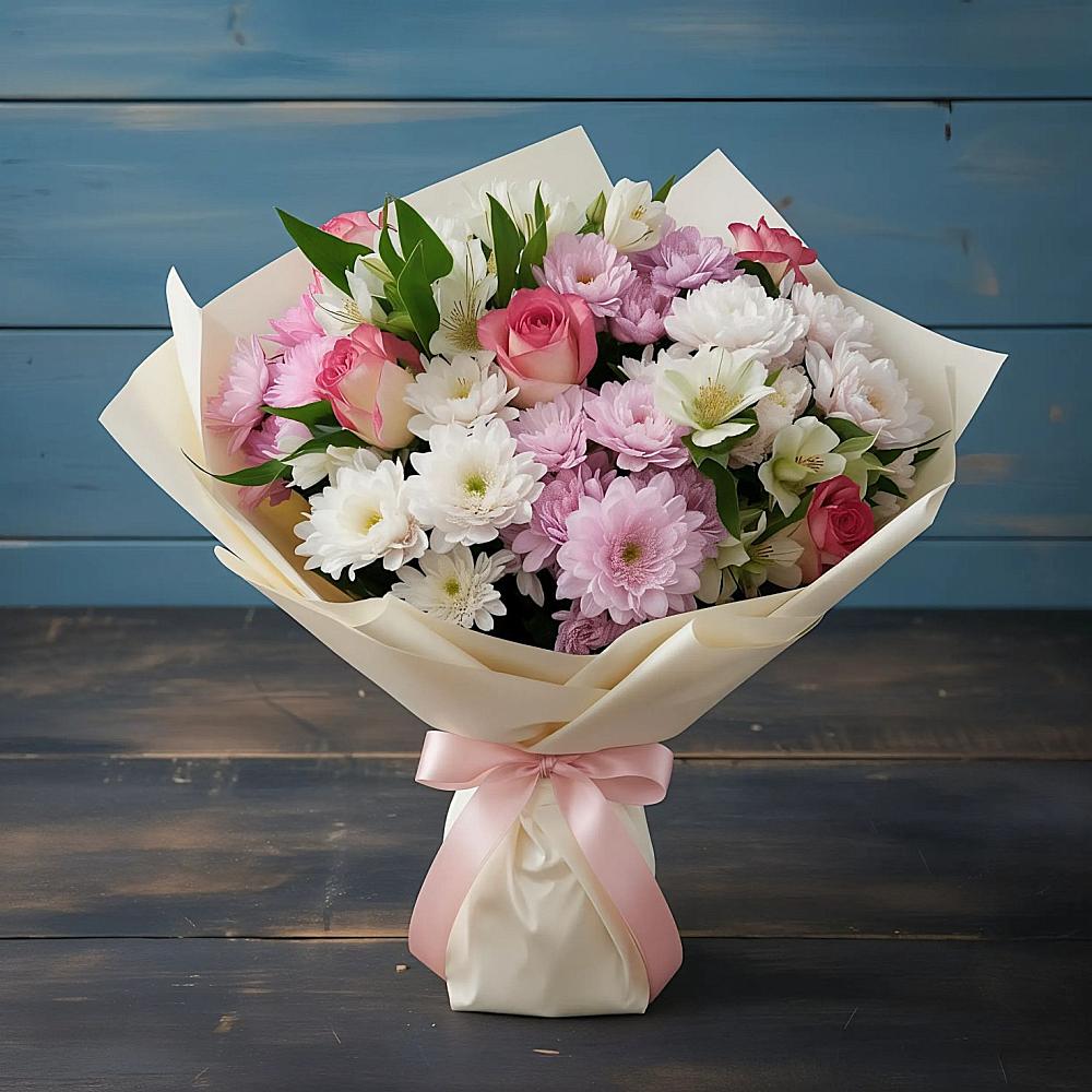 Букет цветов из: Хризантемы, Альстромерии и Розы в Малиновский